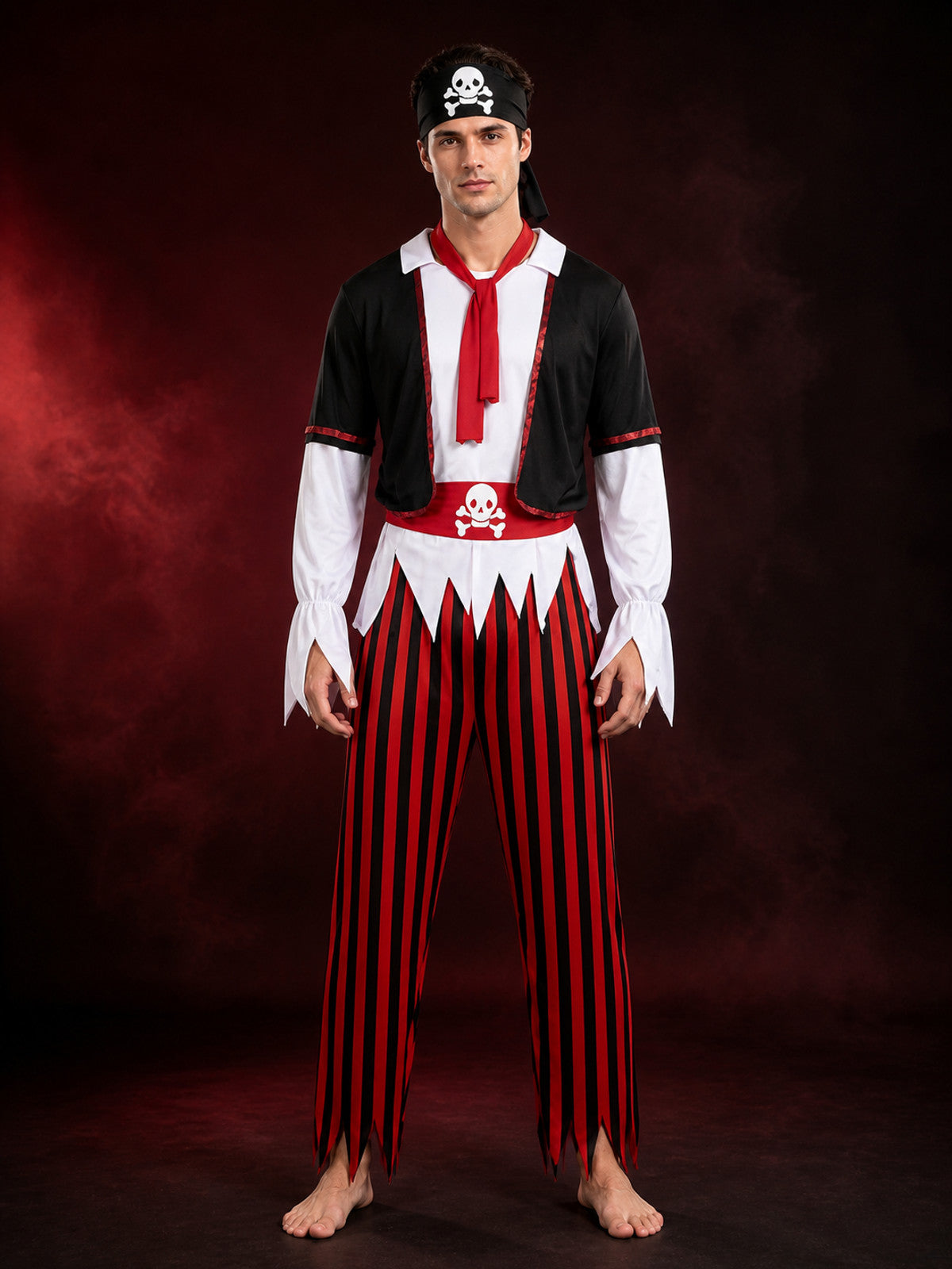 Unisex Pirate Captain Costume Set, Black Red Striped Outfit with Skull Print