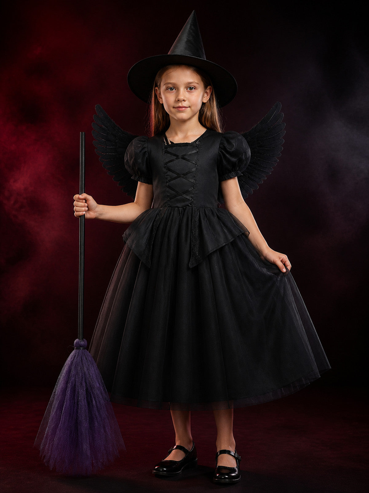 Girls Black Princess Witch Costume Set - Tulle Dress with Wings, Hat & Broom main product view