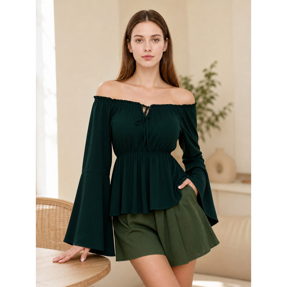 Off-the-Shoulder Blouse with Long Sleeves