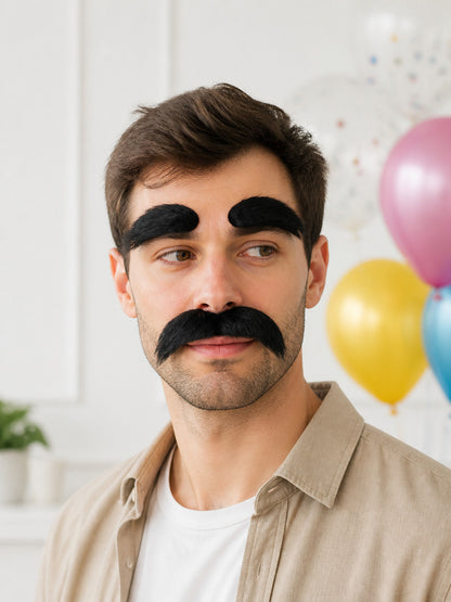 Close portrait of a male model wearing a black hair-like moustache and thick eyebrows, with balloons in the background