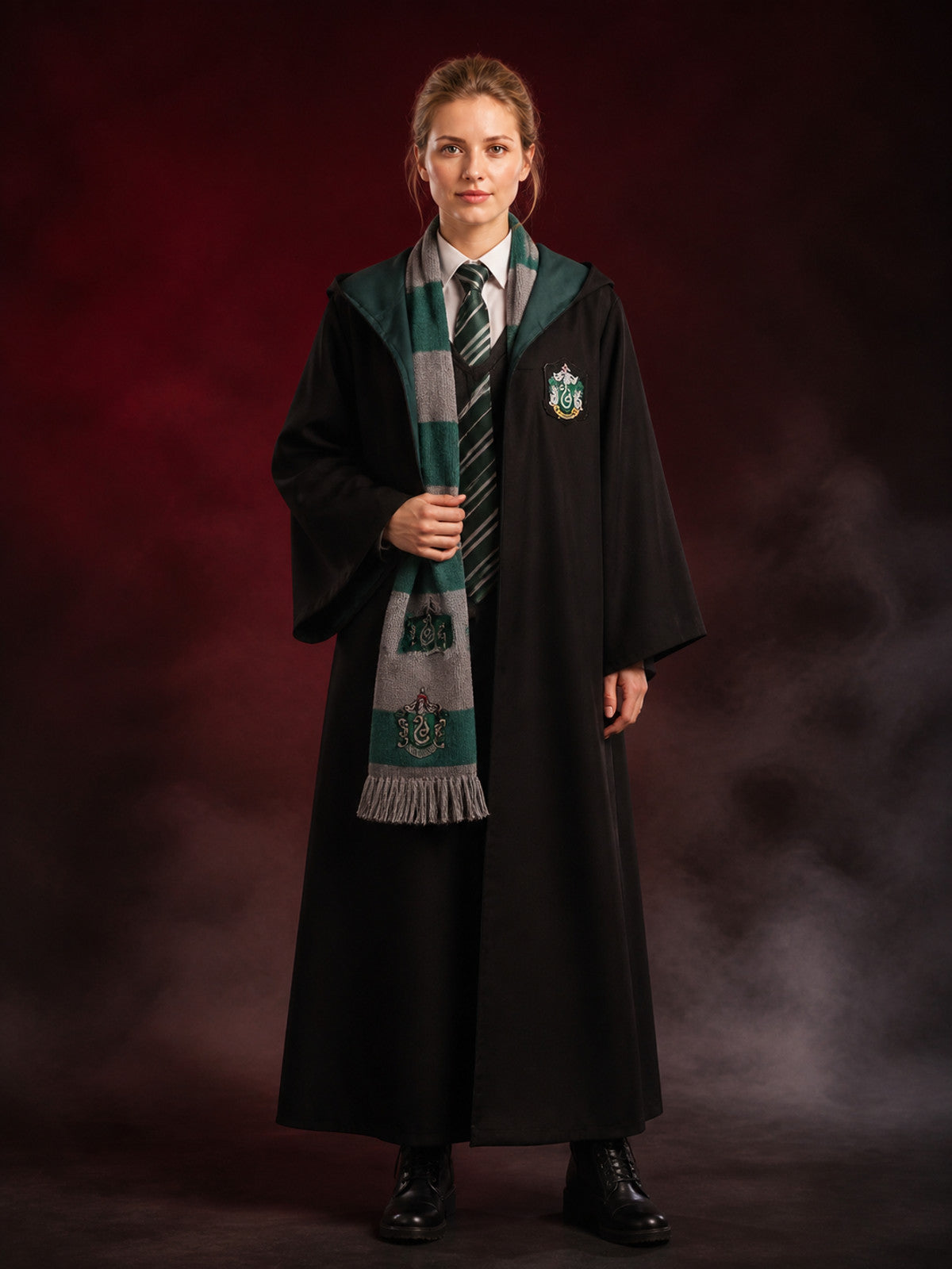 Slytherin Wizard Costume Set, Long Black Robe with Tie and Scarf, 3-Piece Outfit