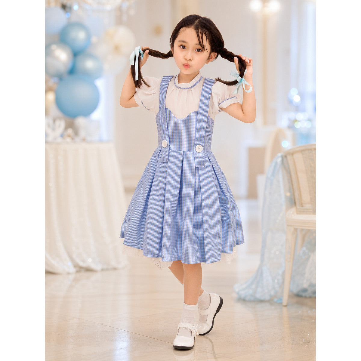 Cosplay Dress with Apron, White-and-Blue Check Pattern