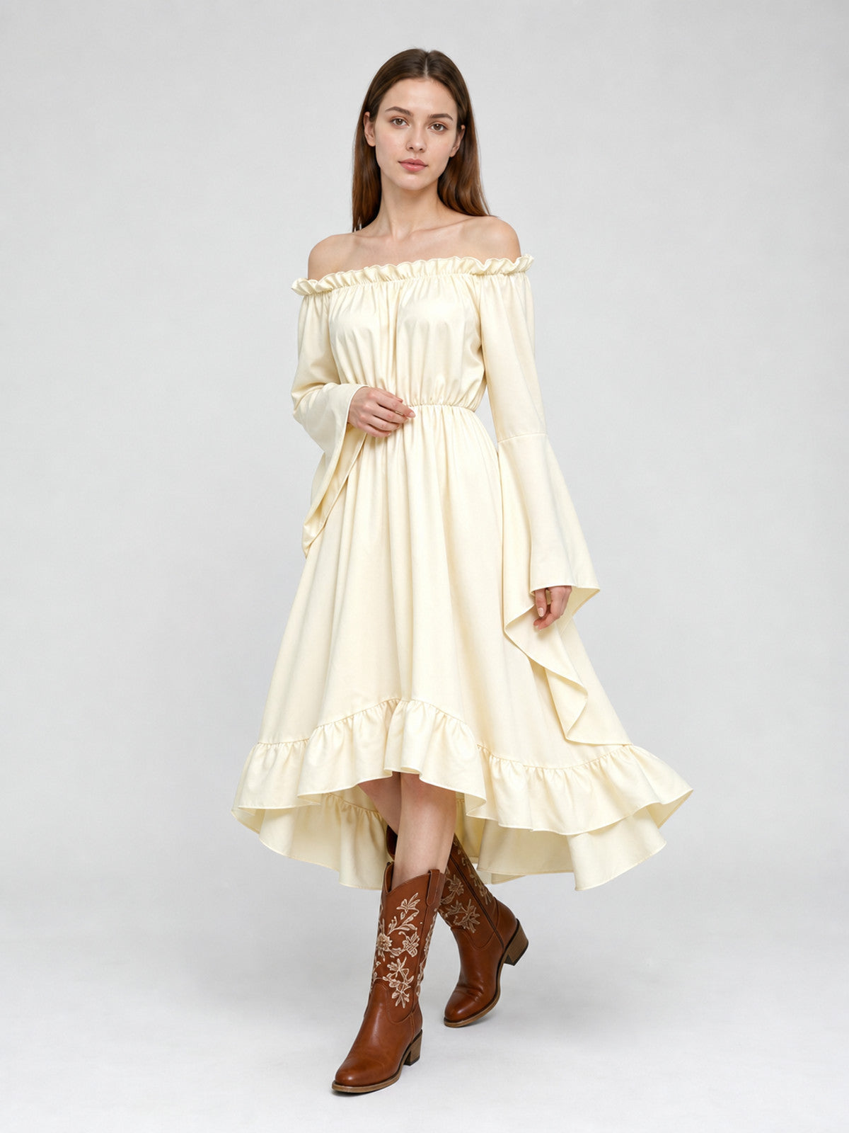 Off-the-Shoulder Dress with Sleeves and Ruffles