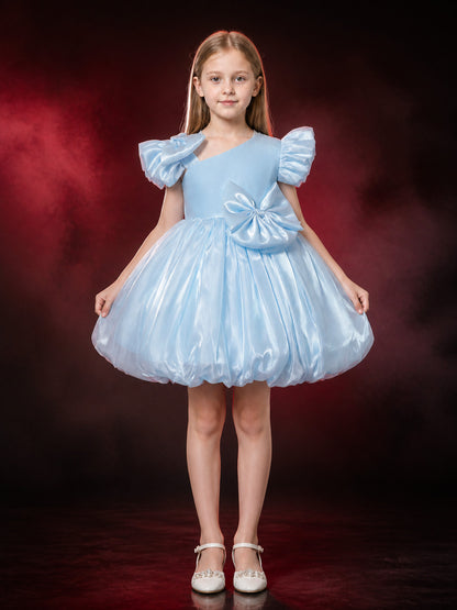 Toddler Girls' Sky Blue Princess Dress with Puff Sleeves and Bow main product view