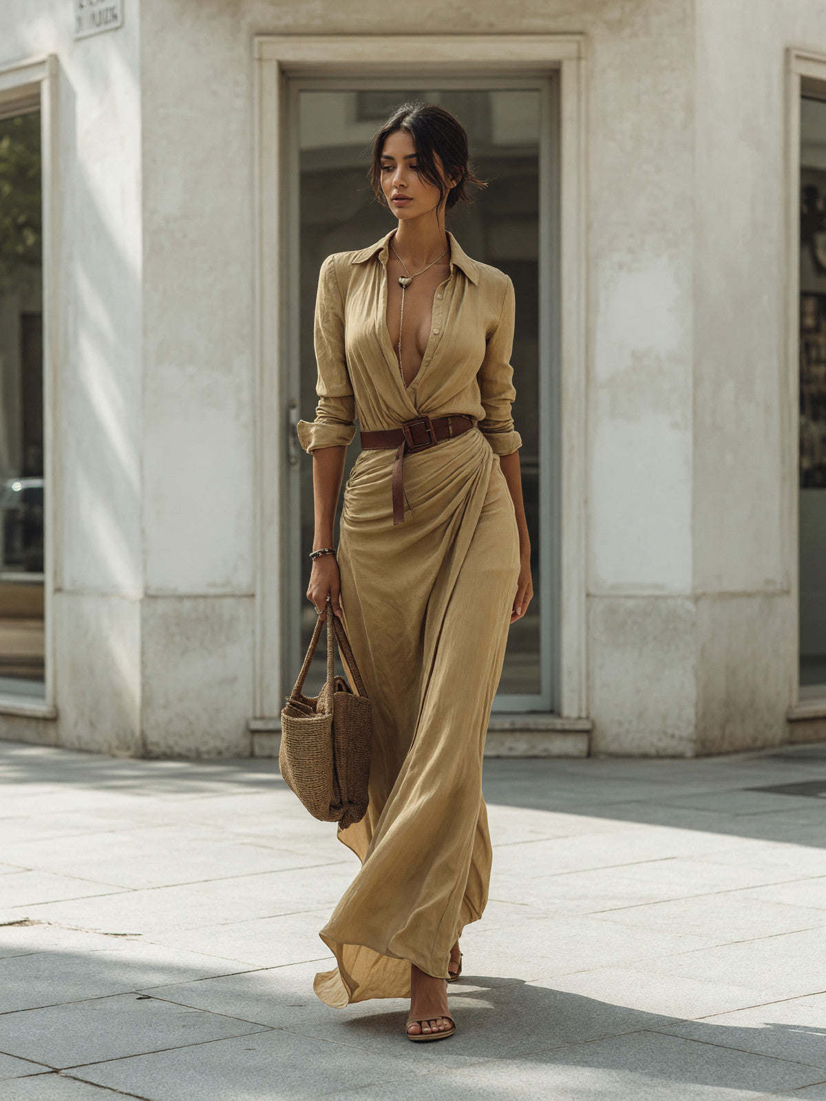 The dress features a long khaki silhouette with long sleeves, a shirt-style Costume Dresses detail