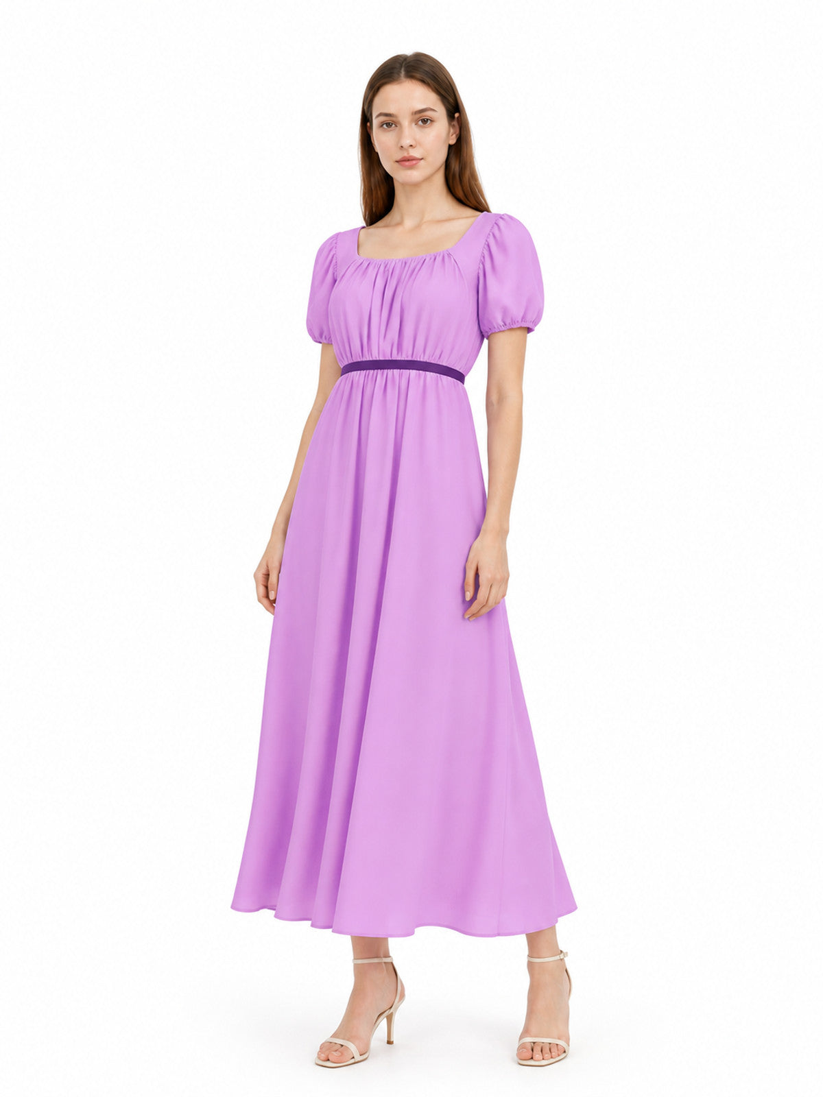 Purple Dress with Puff Sleeves and a Long Skirt Costume Dresses detail