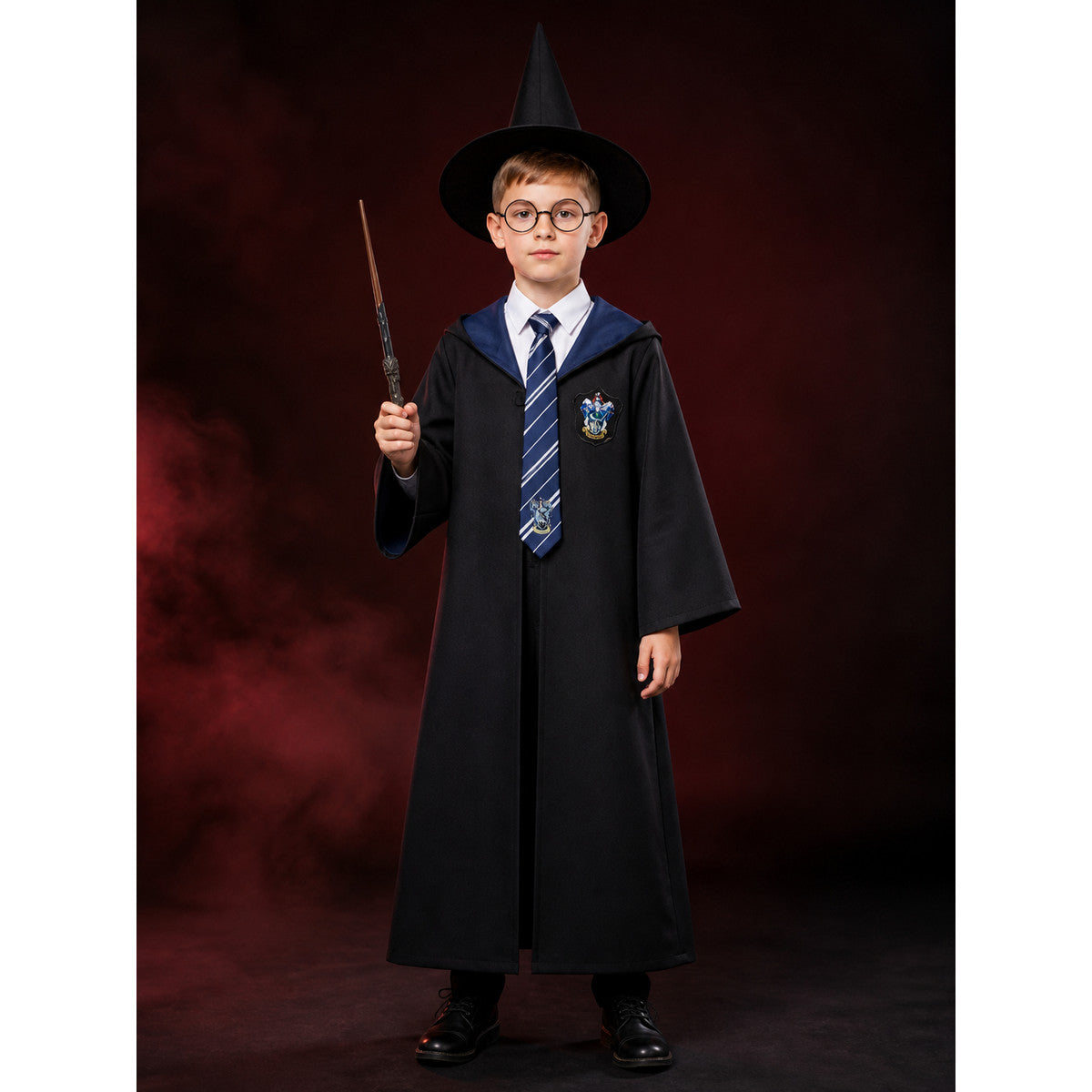 Wizard Costume Set With Hooded Robe, Pointed Hat, Wand, Tie And Glasses main product view