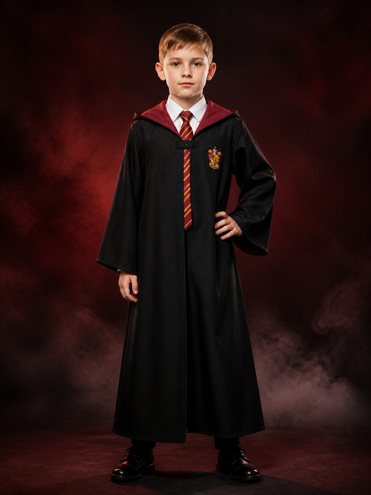 Kids Wizard Costume Set, Hooded Long Black Robe with Red and Gold Striped Tie