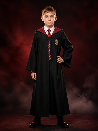 Kids Wizard Costume Set, Hooded Long Black Robe with Red and Gold Striped Tie
