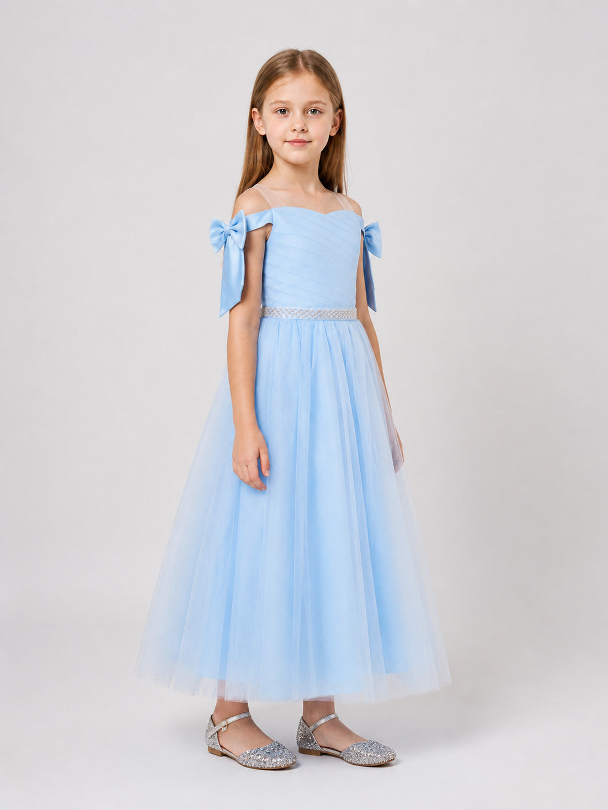 Light Blue Girls' Party Dress with Bow and Full Skirt side view