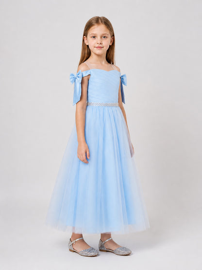Light Blue Girls' Party Dress with Bow and Full Skirt side view