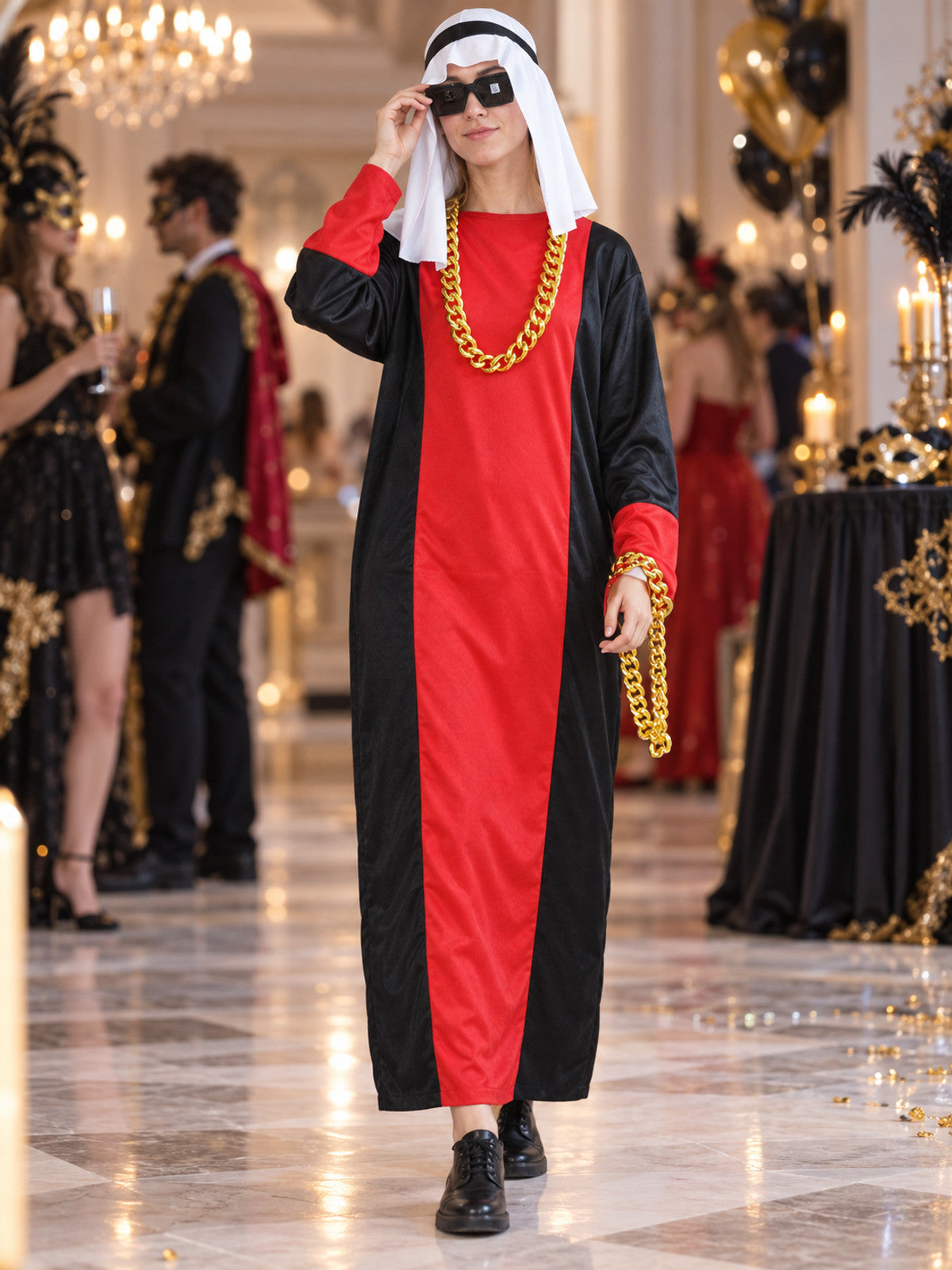 Red and black carnival costume with headpiece and chain