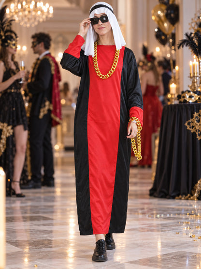 Red and black carnival costume with headpiece and chain