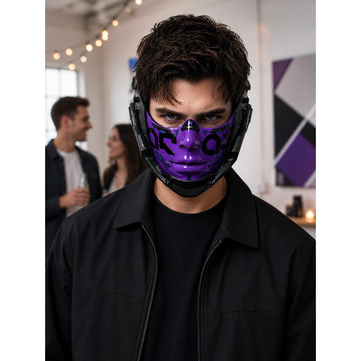 Purple Cyberpunk Cosplay Mask for Halloween lifestyle view