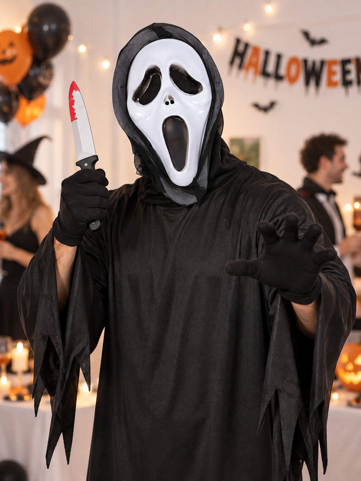 White mask with an elongated face shape and black cutouts