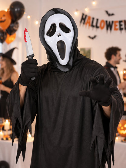 White mask with an elongated face shape and black cutouts