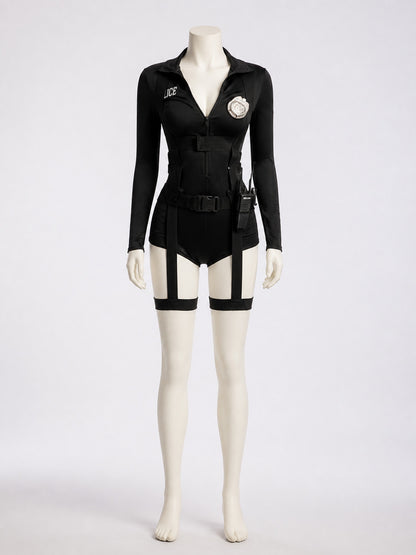Women's Sexy Police Officer Bodysuit Costume Set with Leg Straps and main product view