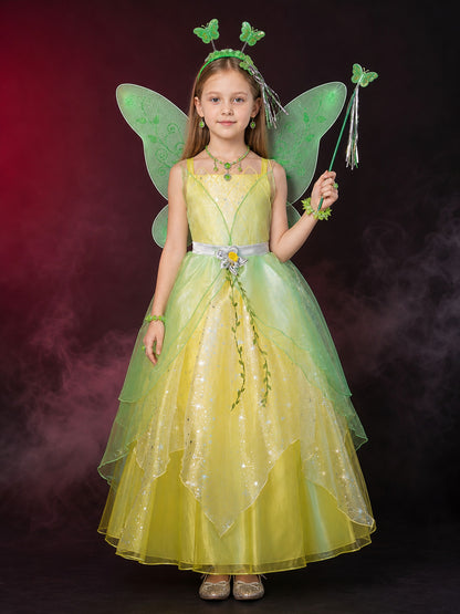 Girls Green Fairy Princess Costume Set with Tulle Dress, Butterfly Wings, Magic