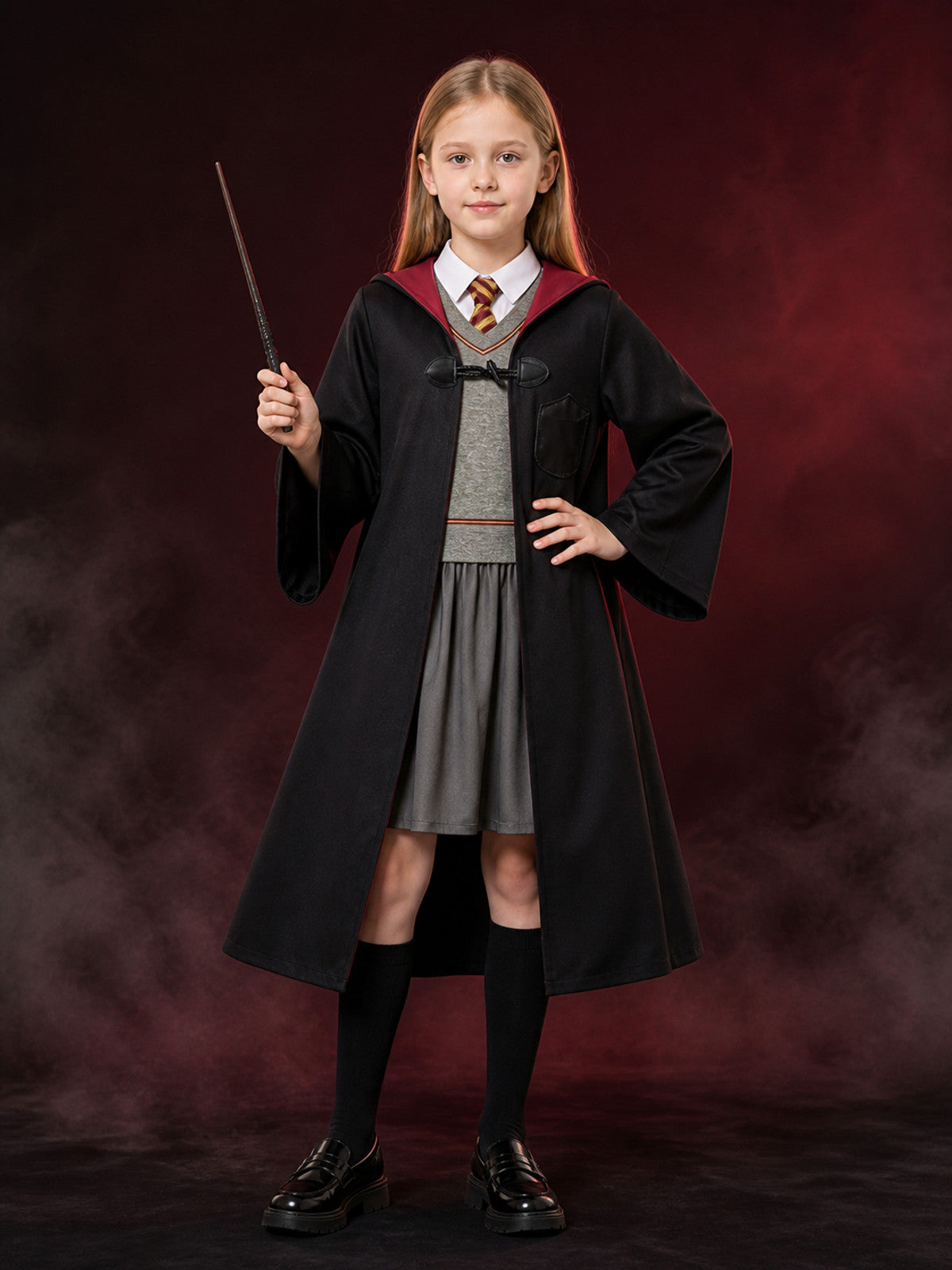 Kids Wizard Costume Set, Hooded Robe, Vest, Skirt and Wand