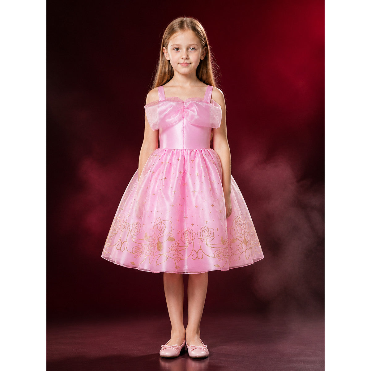 Girls Pink Princess Costume Dress, Tutu with Bow and Gold Star Rose Print main product view