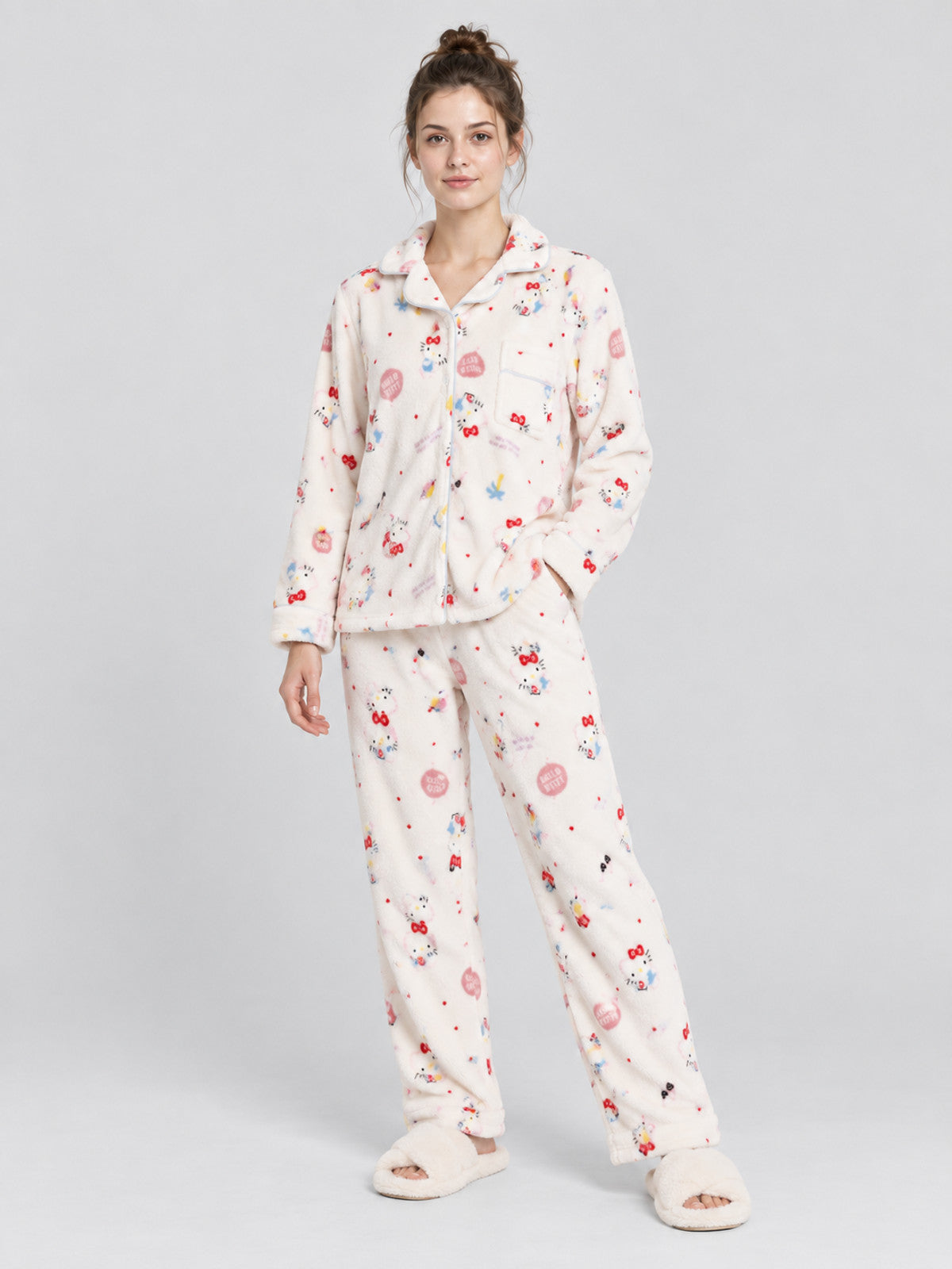 Flannel Pajamas with Cartoon Print, Cream White