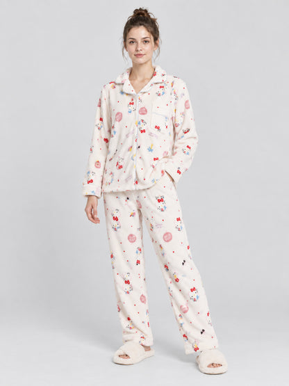 Flannel Pajamas with Cartoon Print, Cream White