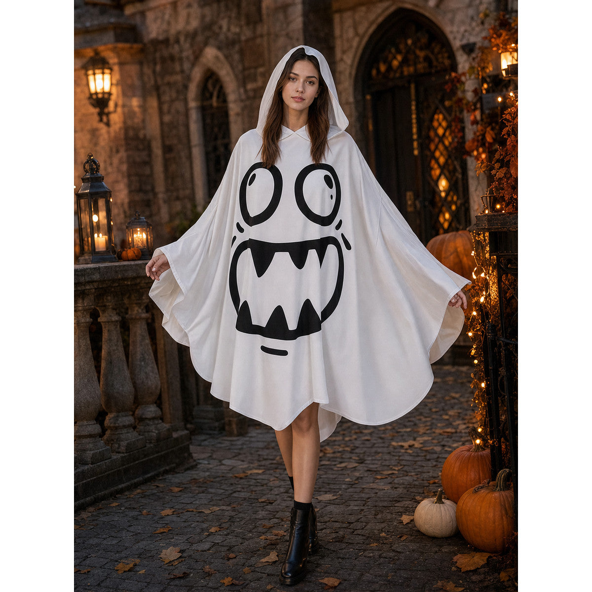 White hooded ghost poncho with a black face graphic and extended draped sleeves, modeled on a decorated stone walkway