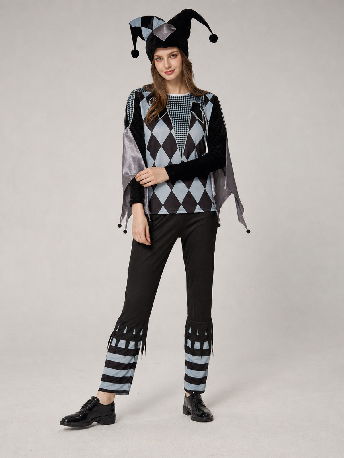 Clown costume designed in a striking circus style with elements of an evil clown