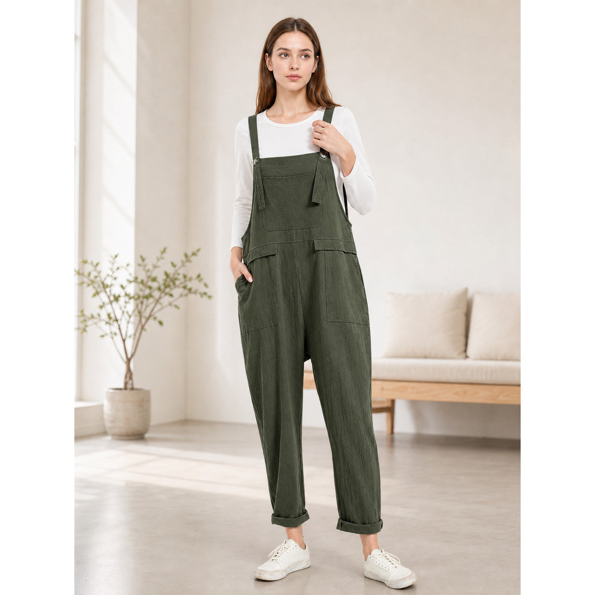 Straight-Leg Dark Green Bib Pants with Straps and Pockets