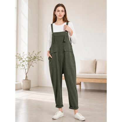 Straight-Leg Dark Green Bib Pants with Straps and Pockets