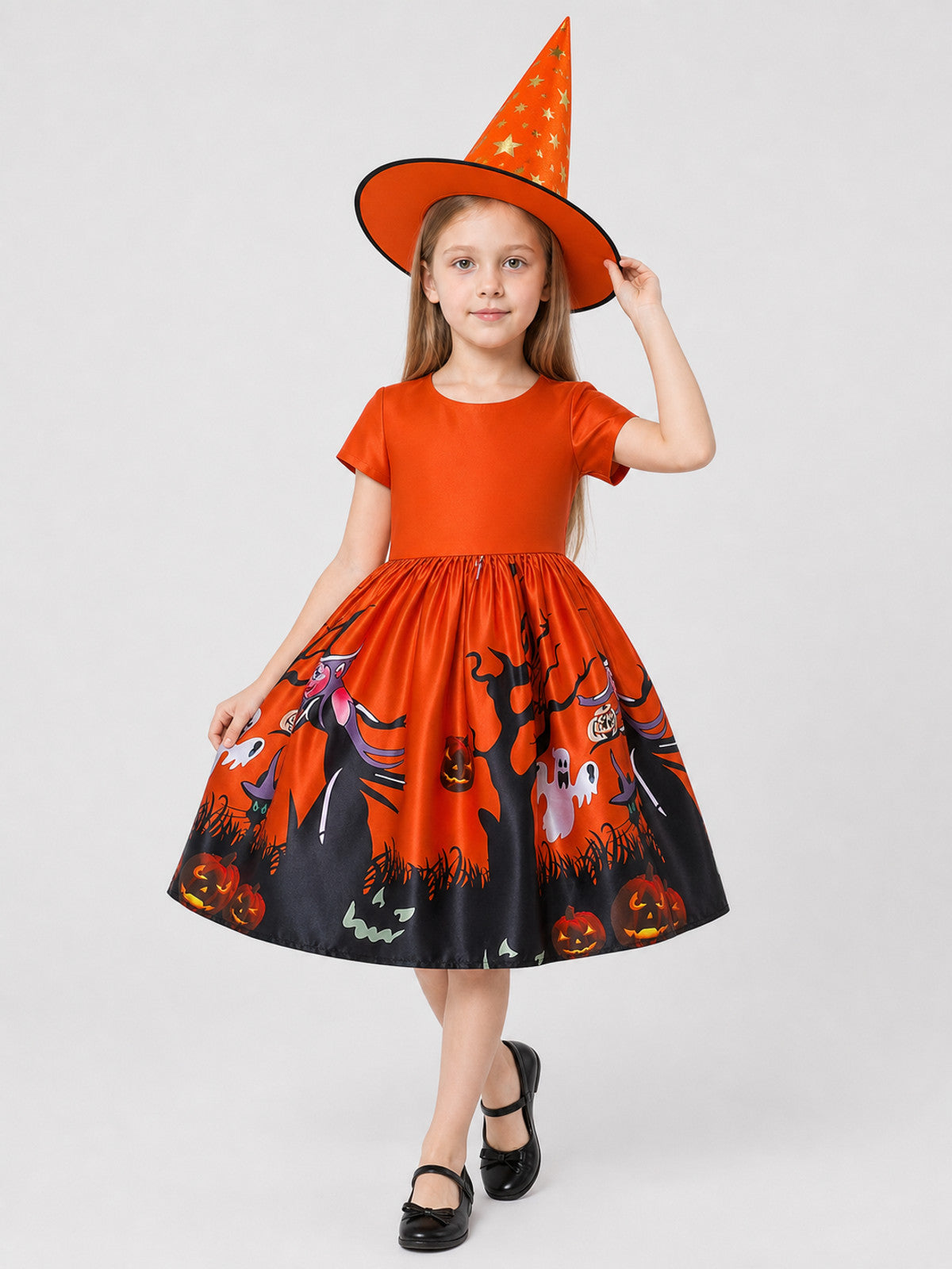 Halloween Princess Dress with Print, Full Skirt, and Hat Costume Dresses detail