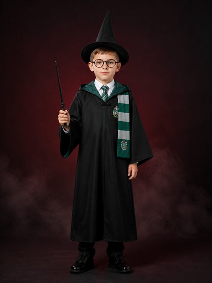 Green And Black Hooded Wizard Robe Costume Set With Hat, Glasses, Tie, Scarf And main product view