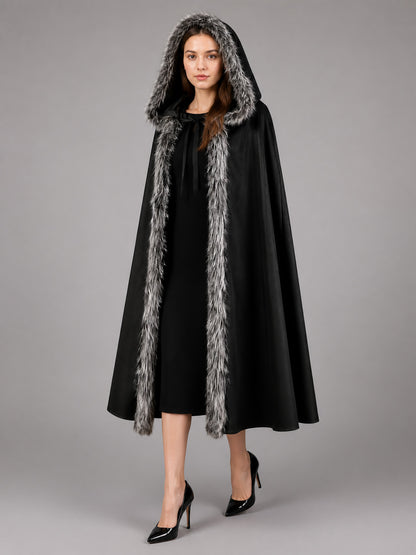 Black hooded cloak with gray faux-fur edging, shown front-facing on a model in a gray studio