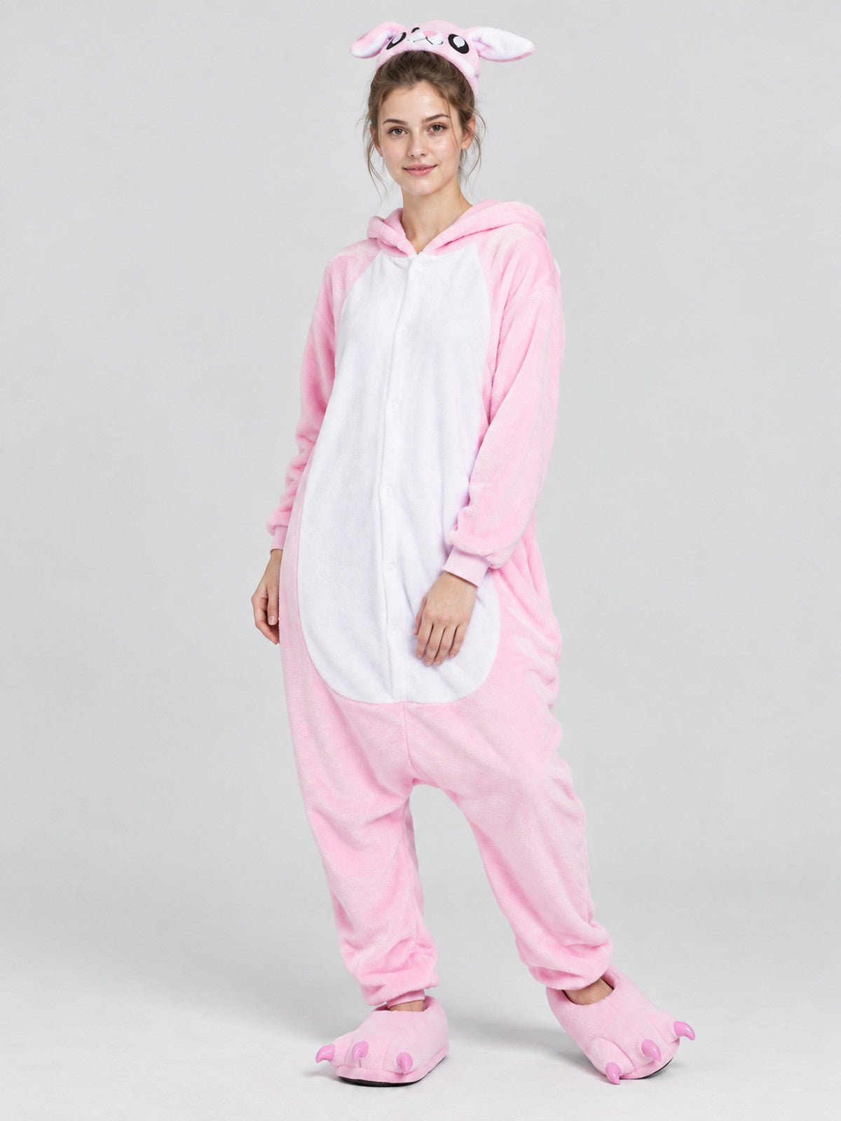 Pink hooded pajama jumpsuit with bunny ears