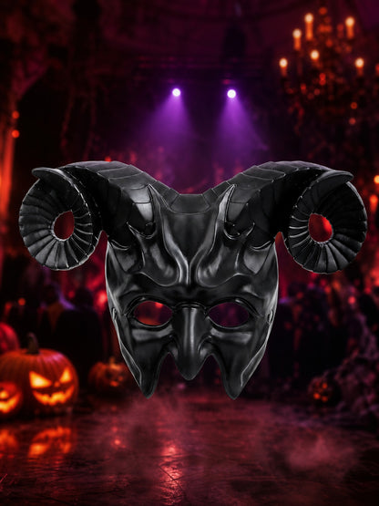 Black horned demon mask shown front-facing against a purple-lit Halloween party background