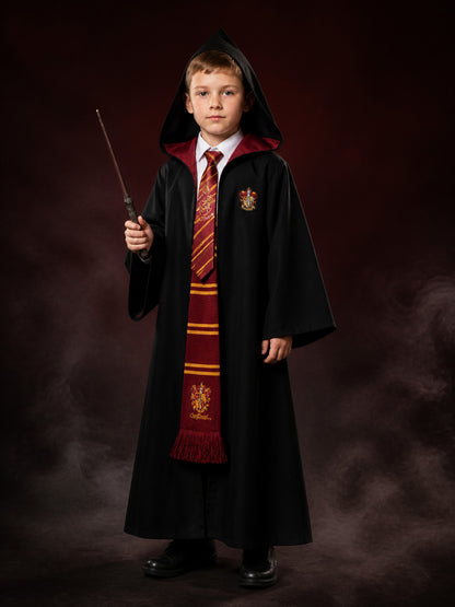 Hooded Wizard Robe Costume Set With Scarf, Tie And Wand main product view