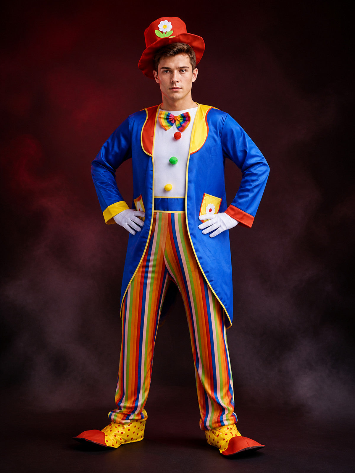 Adult Halloween Clown Circus Costume Set - Striped Jumpsuit, Jacket, Hat, Bow