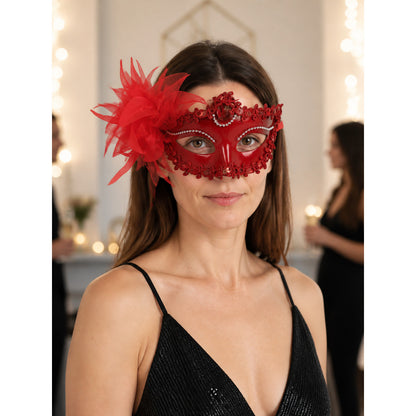 Red Carnival Mask with Flowers for Halloween and Cosplay lifestyle view