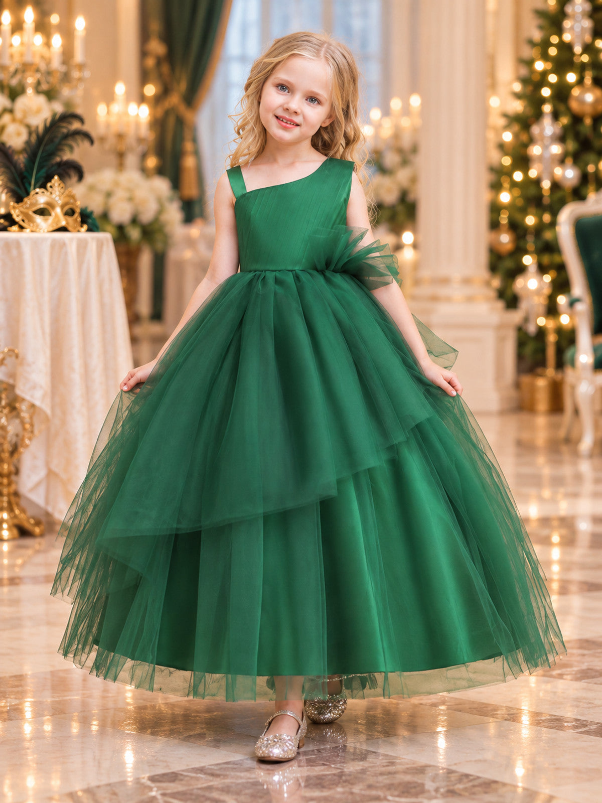 Girls' Princess Holiday Dress Dark Green with Bow