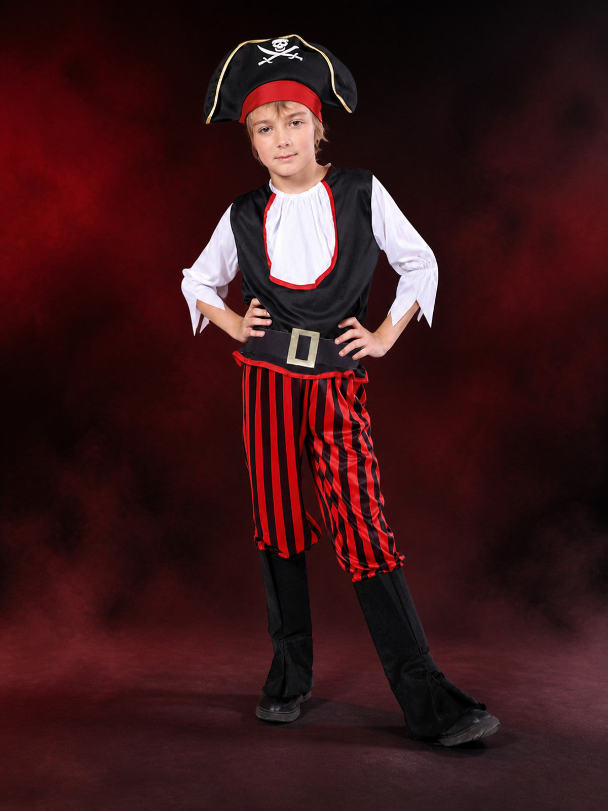 Unisex Kids Pirate Costume Set, Black Sleeveless Top with Red Striped Pants