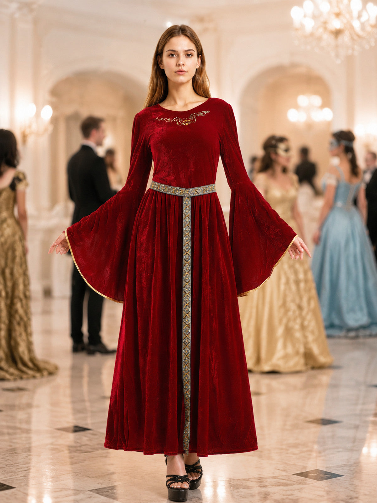 Floor-Length Velvet Costume Dress with Belt lifestyle view