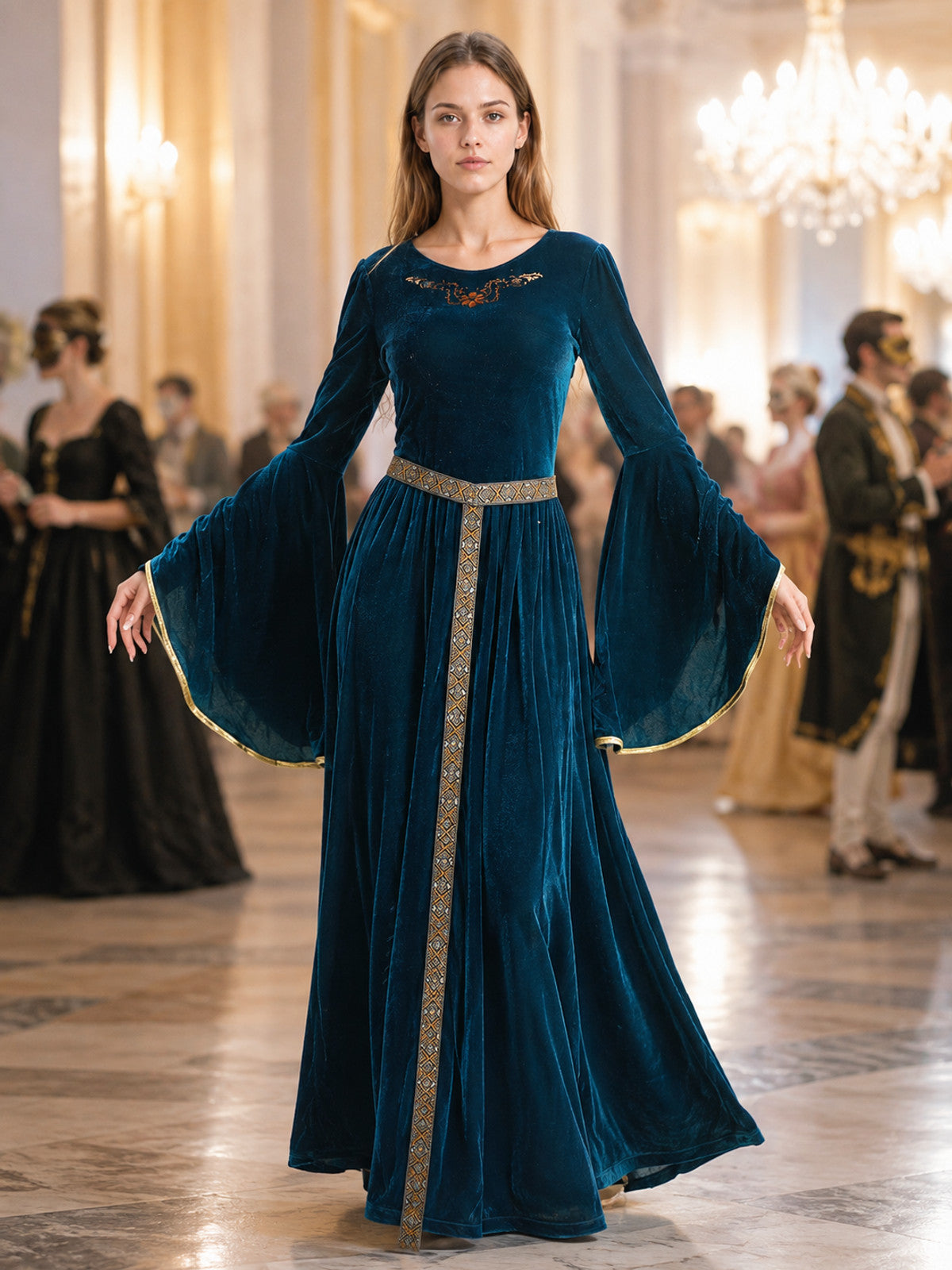 Floor-Length Velour Dress with Belt and Puff Sleeves lifestyle view
