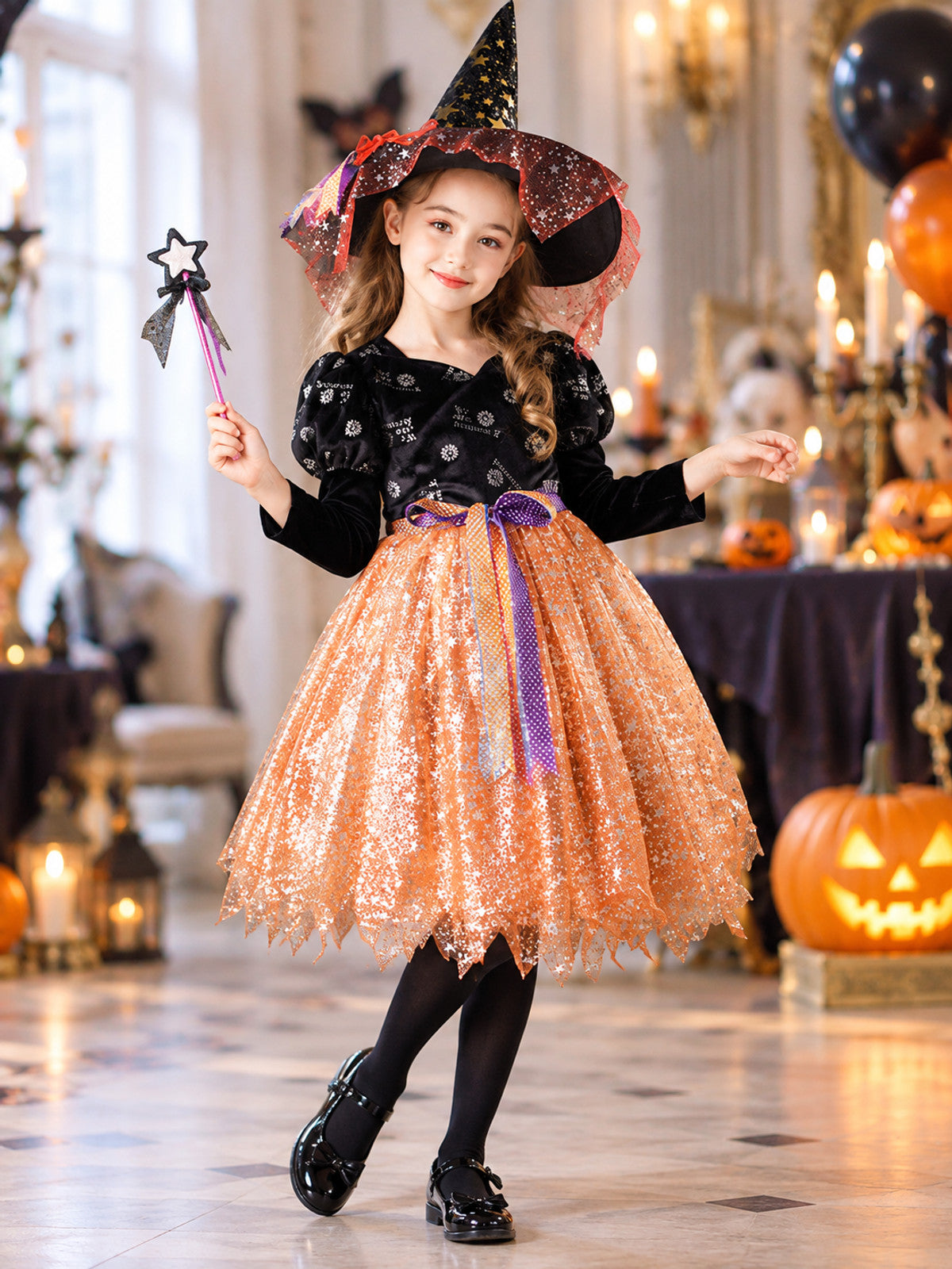 Kids' Witch Halloween Costume with Hat and Wand