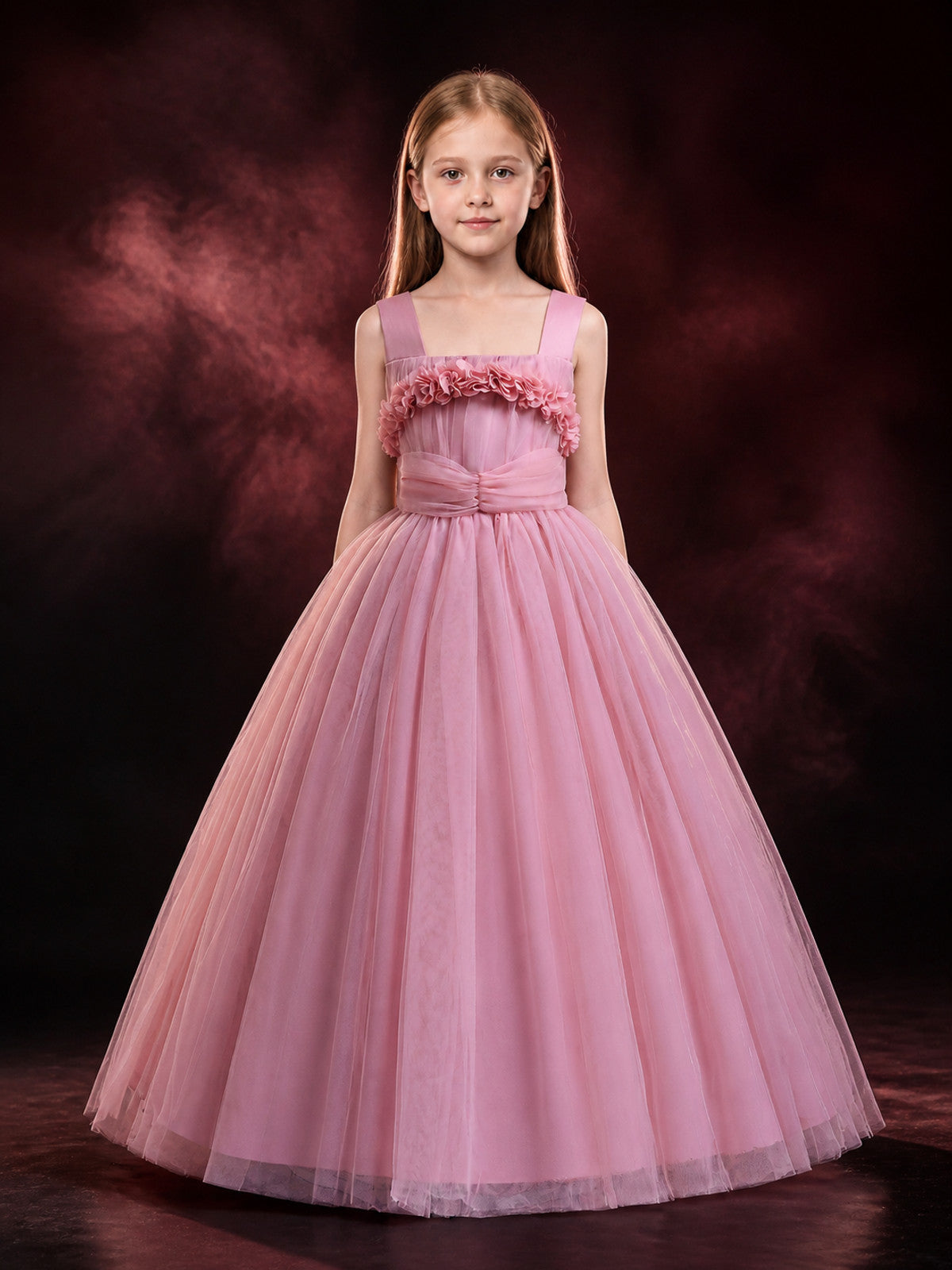 Girls' Pink Princess Dress, Layered Organza Long Gown With Floral Bodice And Bow main product view