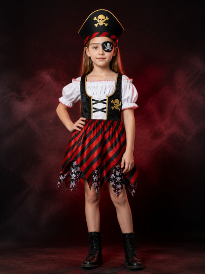 Girl's Caribbean Pirate Costume Set with Skull Print Striped Dress, Hat and Eye main product view