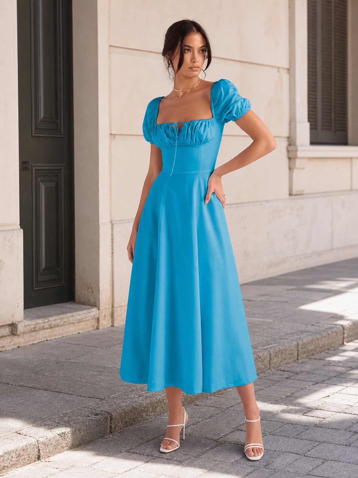 Women's Blue Midi Dress with Square Neckline Costume Dresses detail