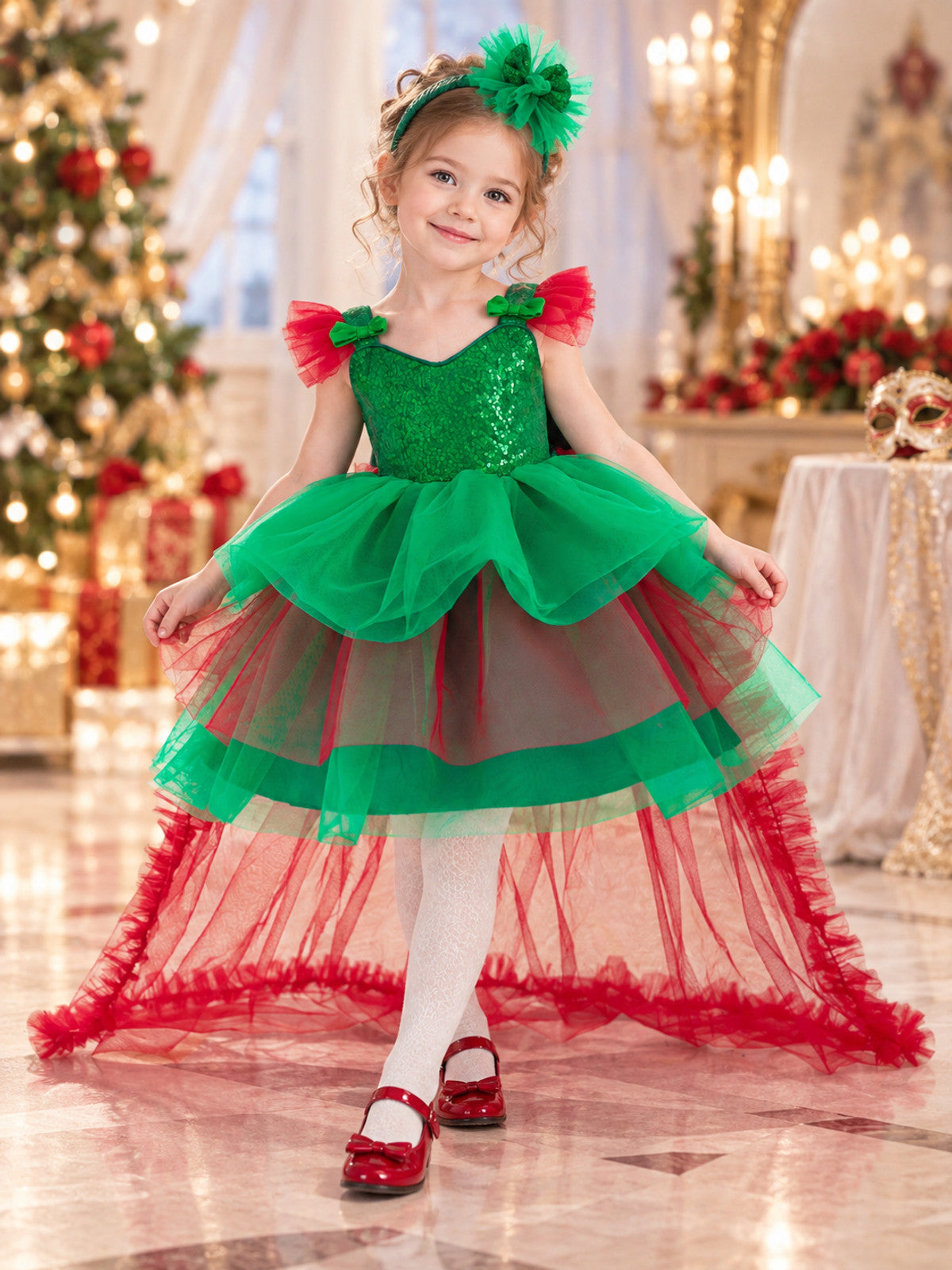 Girls' Holiday Dress with Sequins and a Train