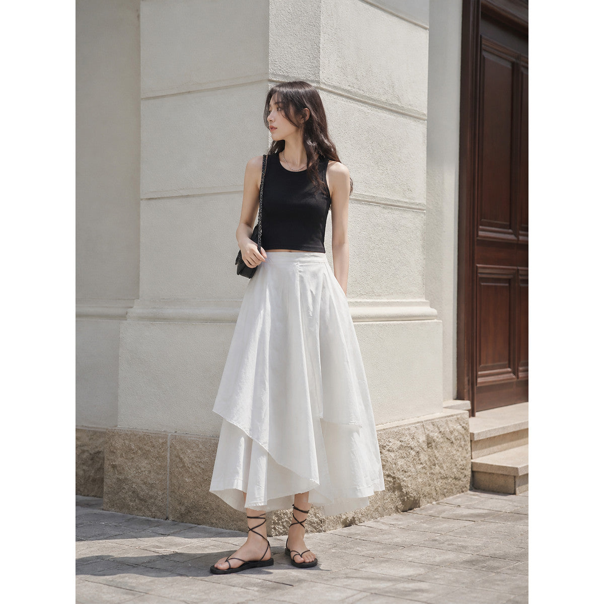 Women's White Long A-Line Skirt with Tiered Hem