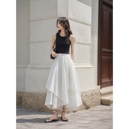 Women's White Long A-Line Skirt with Tiered Hem