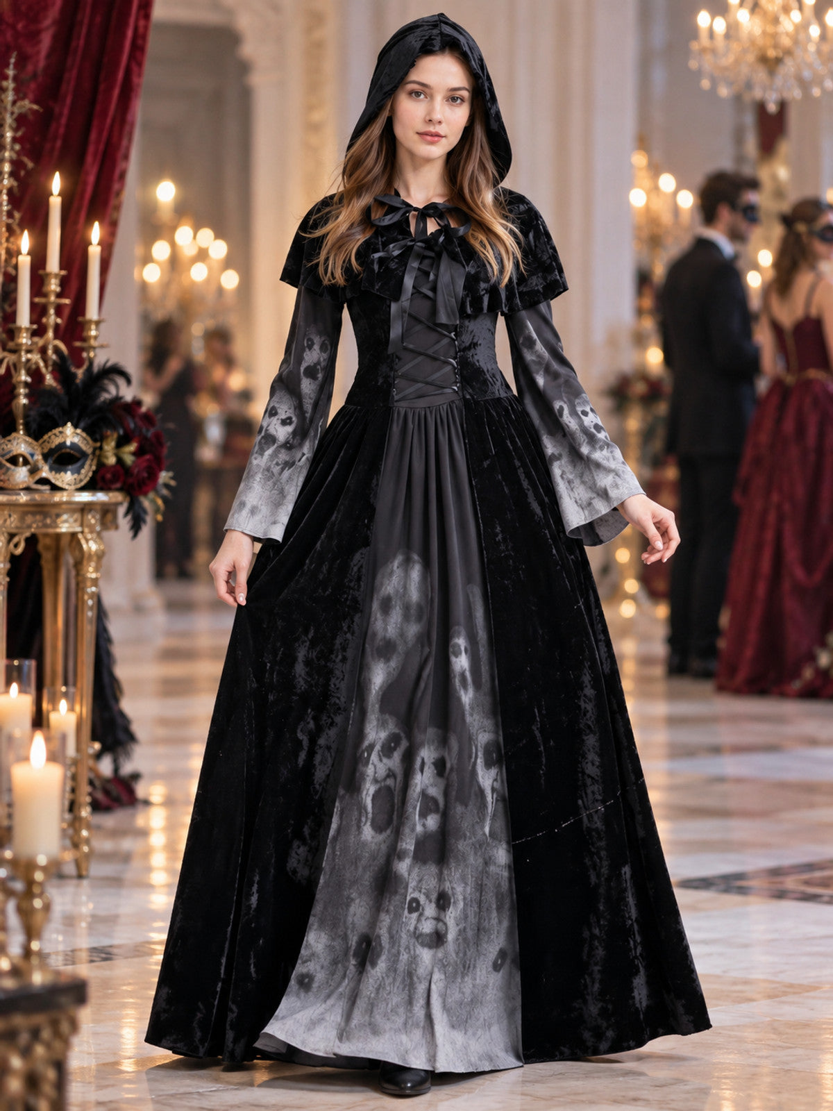 Gothic Hooded Dress with Lace-Up Detail and Skull Print lifestyle view